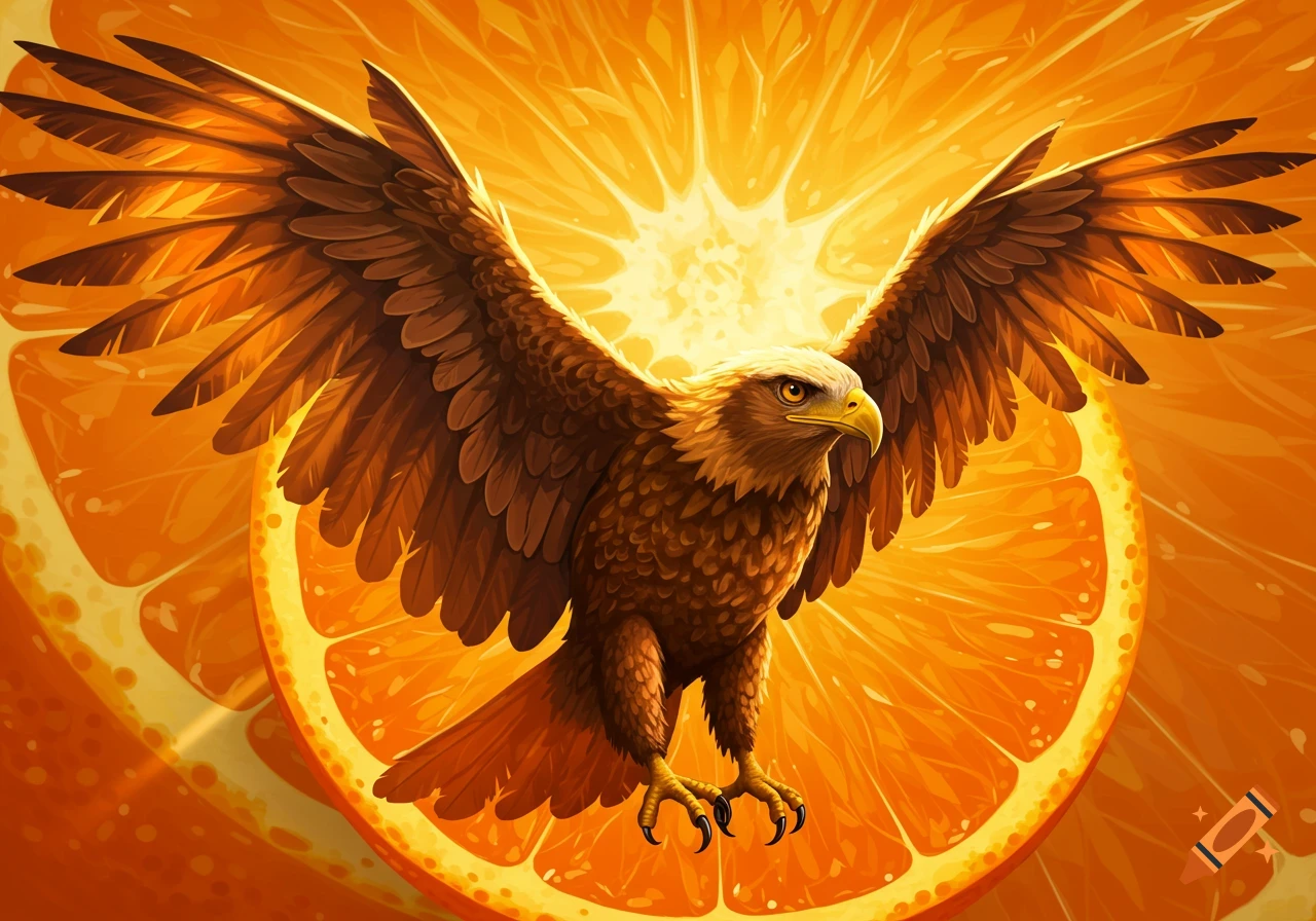An illustrative image of a brown eagle with spread wings flying against a bright, glowing orange slice background.