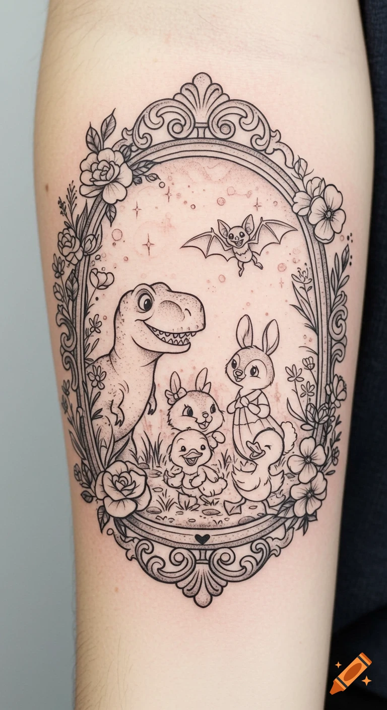 Black and grey tattoo of a T-Rex, two bunnies, a duck, and a bat in a floral vintage gothic frame on an arm.