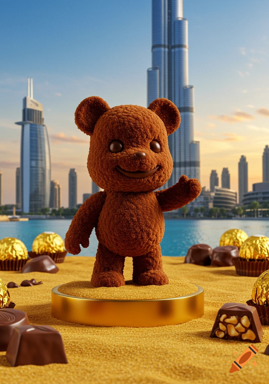 A cute photorealistic chocolate teddy bear waves from a golden pedestal with chocolates, against a Dubai cityscape.