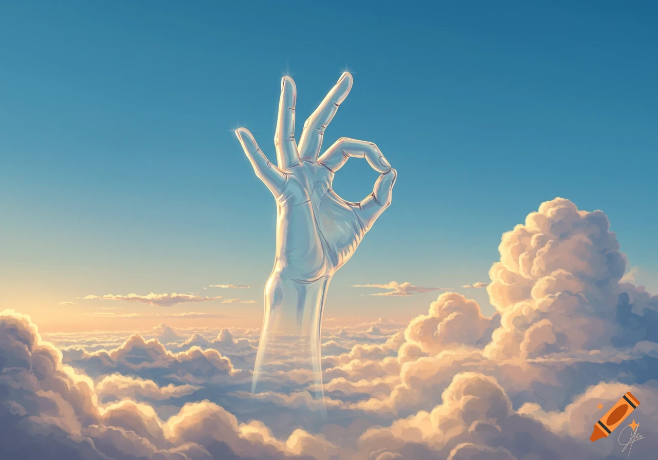 A large, glowing translucent hand making an 'OK' gesture, rising from bright clouds into a clear blue sky at sunset.