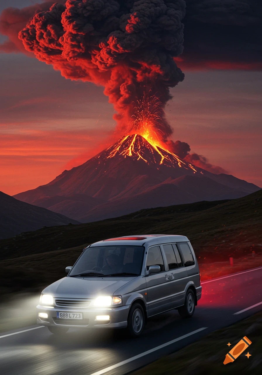 A silver minivan drives away from a large erupting volcano with a huge plume of red smoke against a dramatic red sky at dusk.