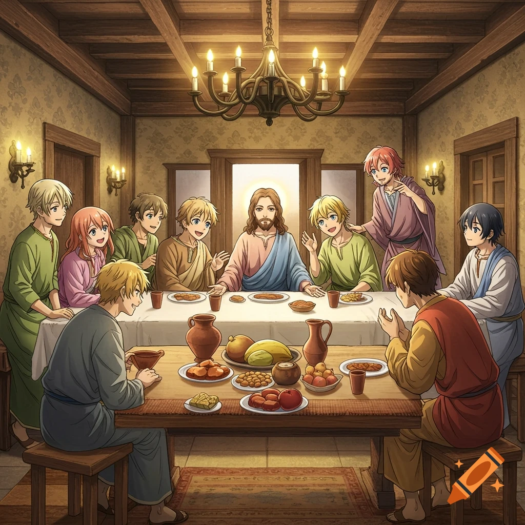 Anime-style depiction of Jesus and his disciples dining at a long table in a wooden-beamed room.
