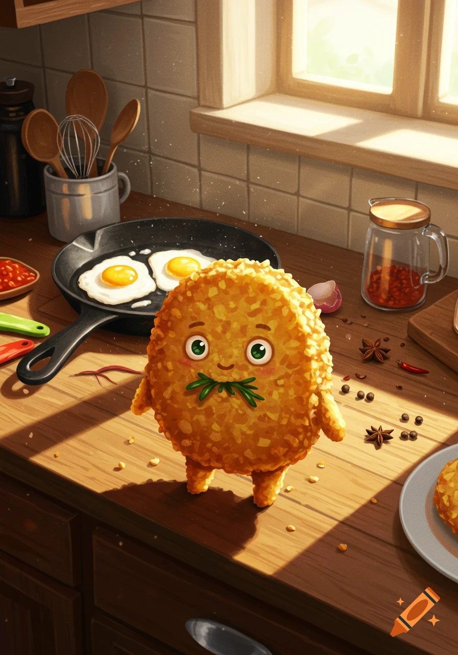 A cute, smiling, humanoid hash brown with green eyes and a sprig of herb on a sunlit kitchen counter with fried eggs and spices, whimsical illustration.