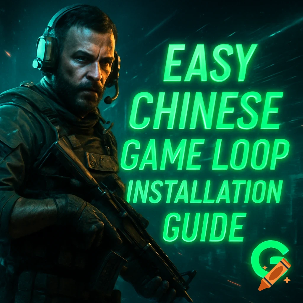 A military character in tactical gear and headphones holding a rifle, with glowing green text overlay reading "EASY CHINESE GAME LOOP INSTALLATION GUIDE G".