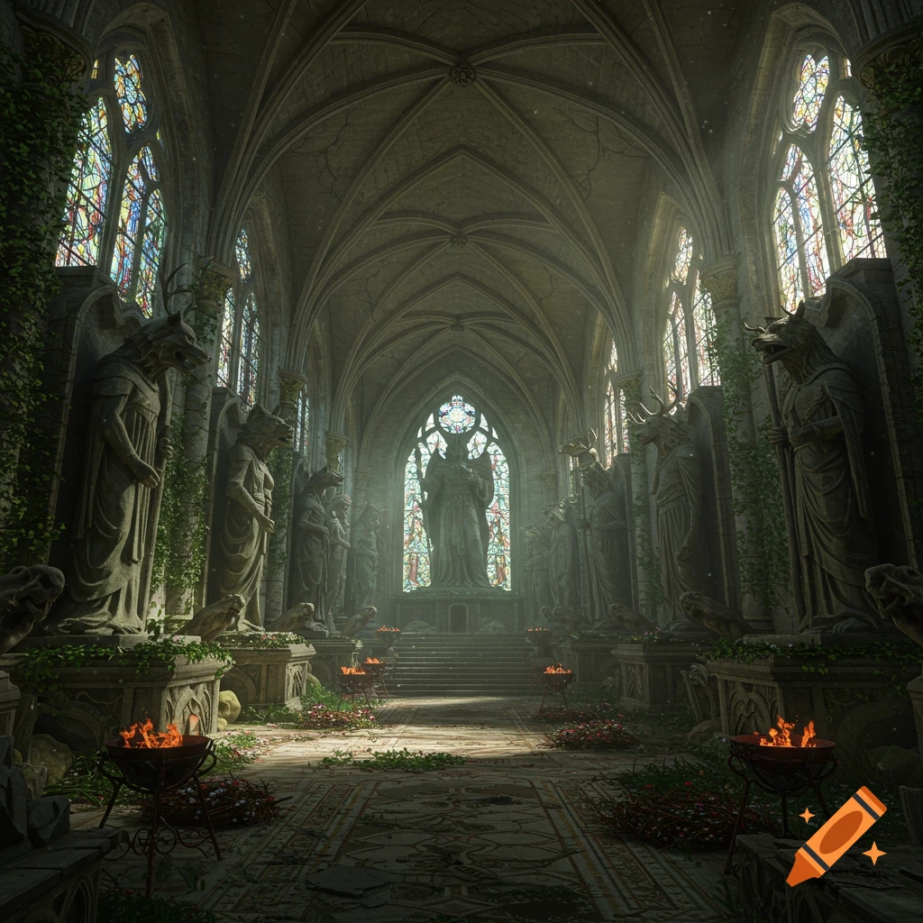 Grand, overgrown gothic temple interior with animal-headed statues, stained glass, and fiery braziers, illuminated by misty sunbeams.