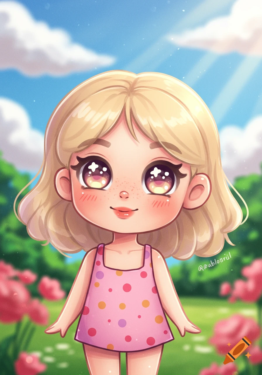 A cute cartoon girl with blonde hair, big sparkly eyes, and freckles, wearing a pink polka-dot tank top, standing in a sunny garden.