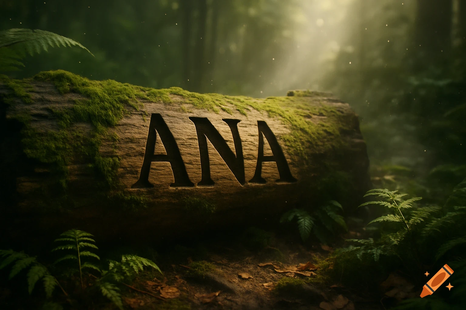 The letters ANA carved into a moss-covered log in a sun-dappled forest, photorealistic.