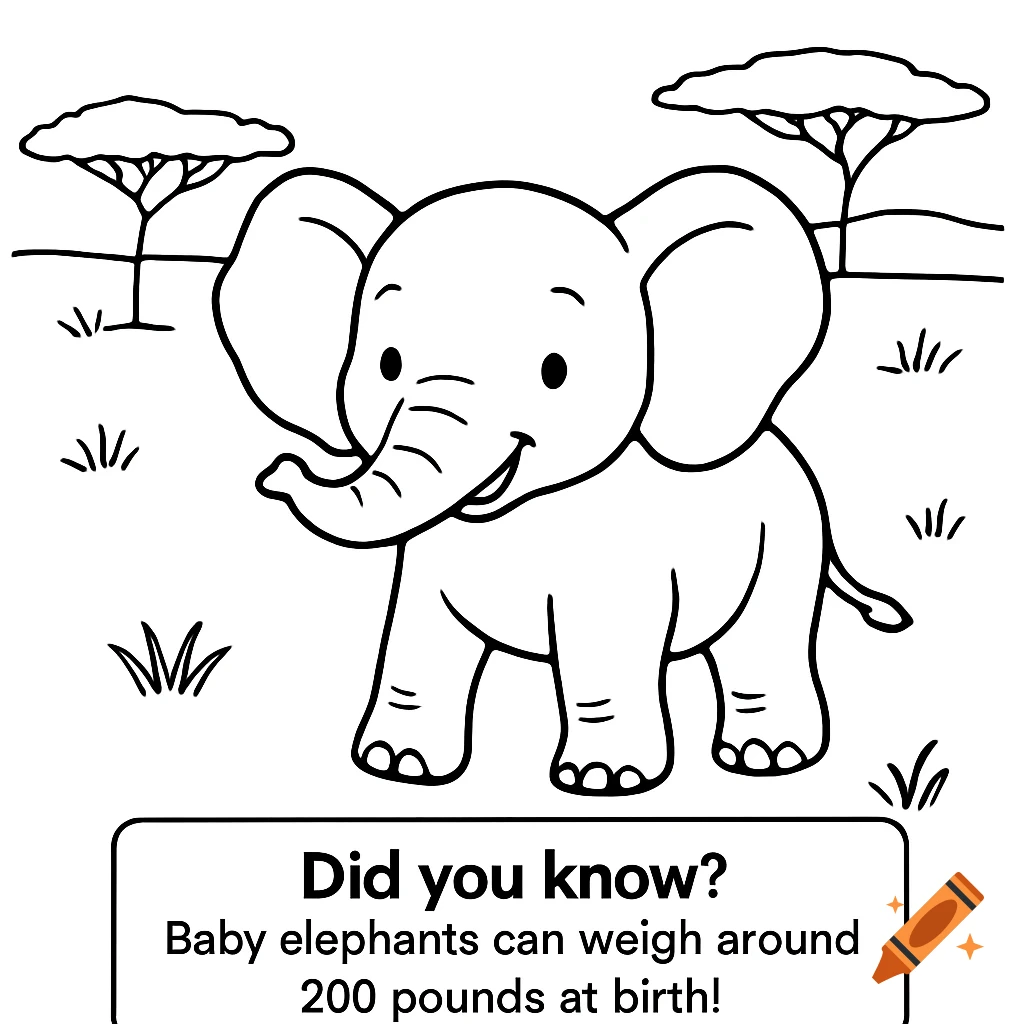 Black and white line drawing of a smiling baby elephant in a safari landscape with a fact box below.