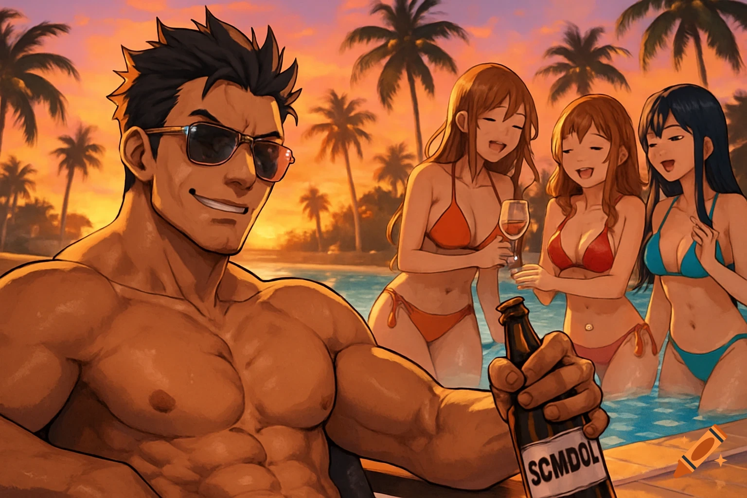 Anime illustration of a muscular man with sunglasses by a pool with women in bikinis at sunset.