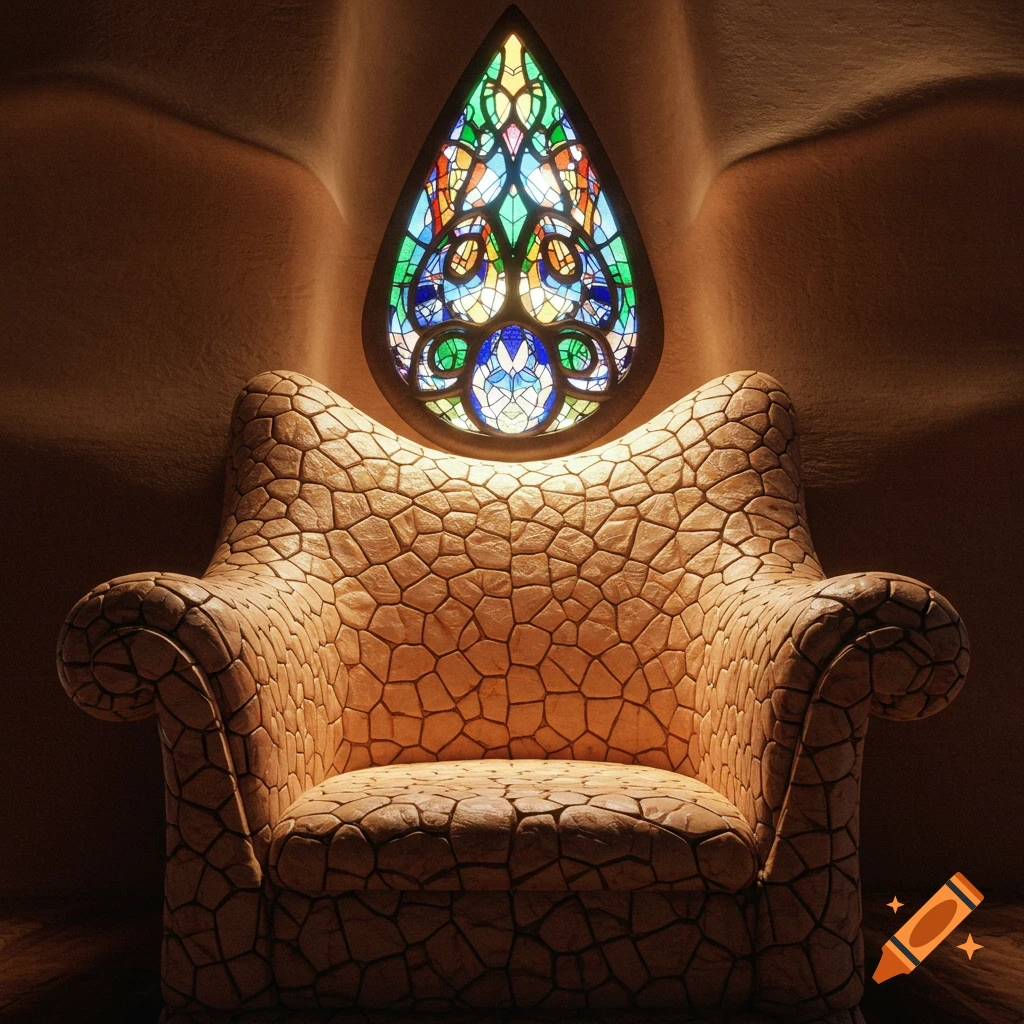 A Gaudi-style armchair with a textured, organic surface, centered below a vibrant tear-drop shaped stained glass window in a warm, dimly lit room.
