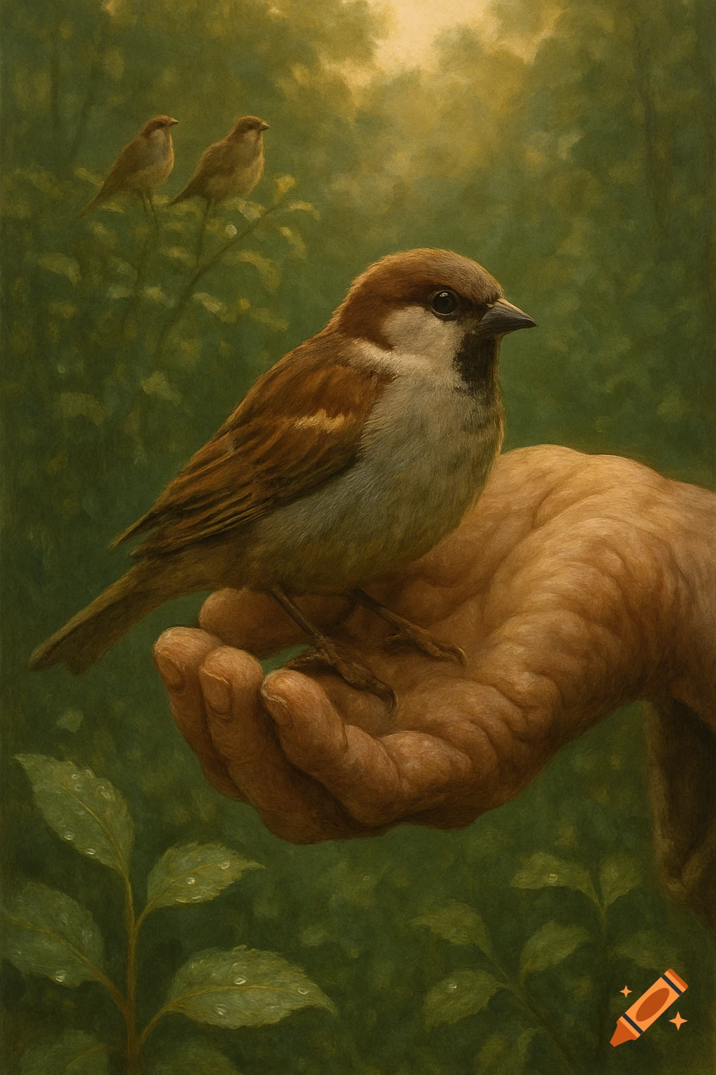 A house sparrow perched in a human hand, with two other sparrows on a branch in a lush green, painterly forest background.