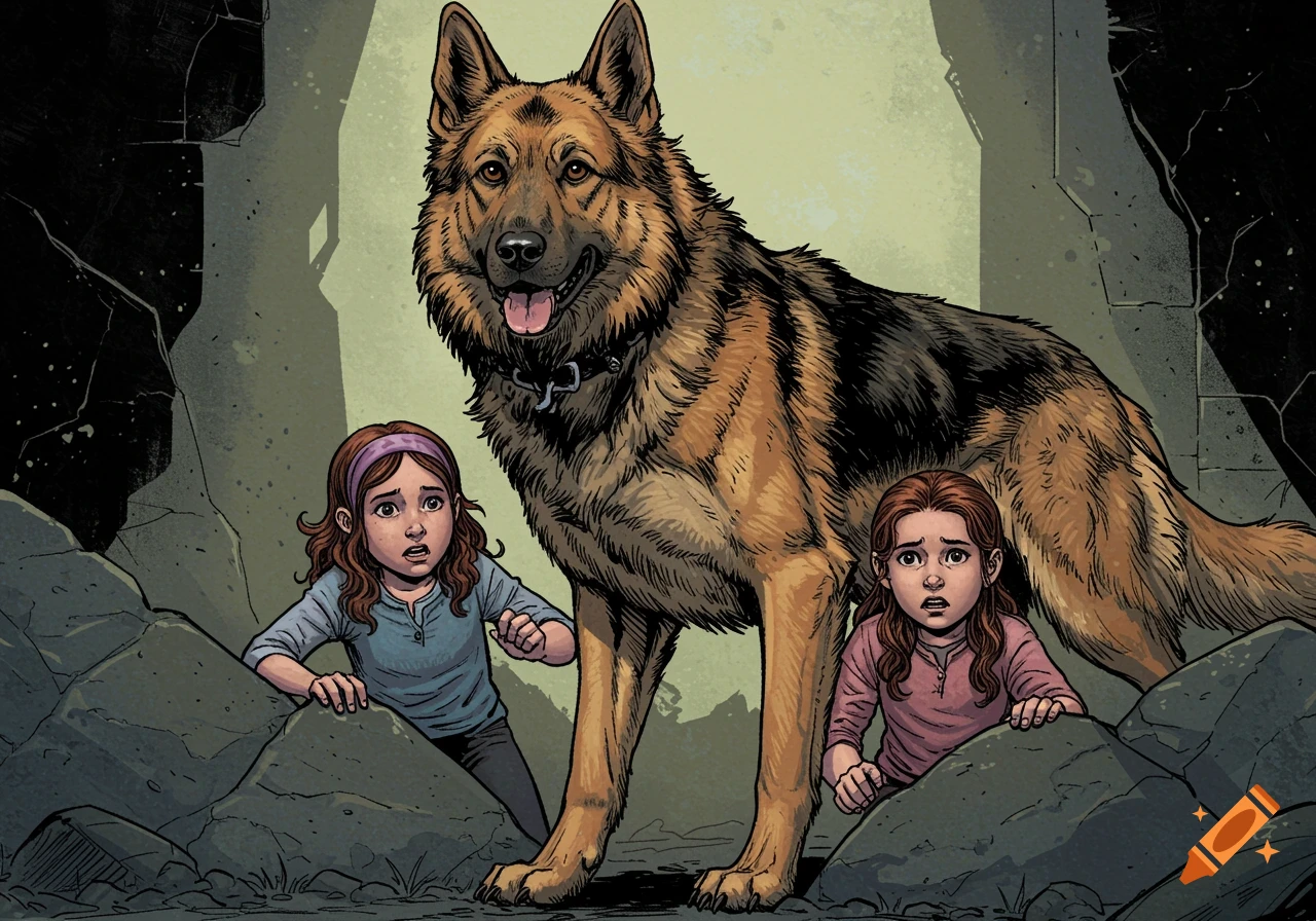 A large, muscular Shiloh Shepherd dog stands protectively over two fearful young girls in a dramatic comic book illustration style.