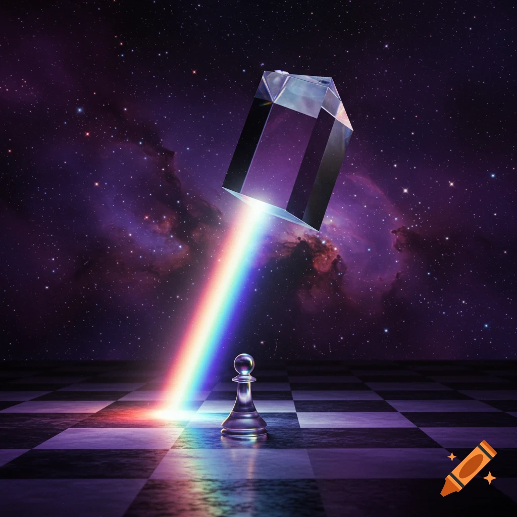 A transparent prism floats in space, casting a vibrant rainbow beam onto a glass chess pawn on a cosmic chessboard with a nebula background, in a surreal, psychedelic style.
