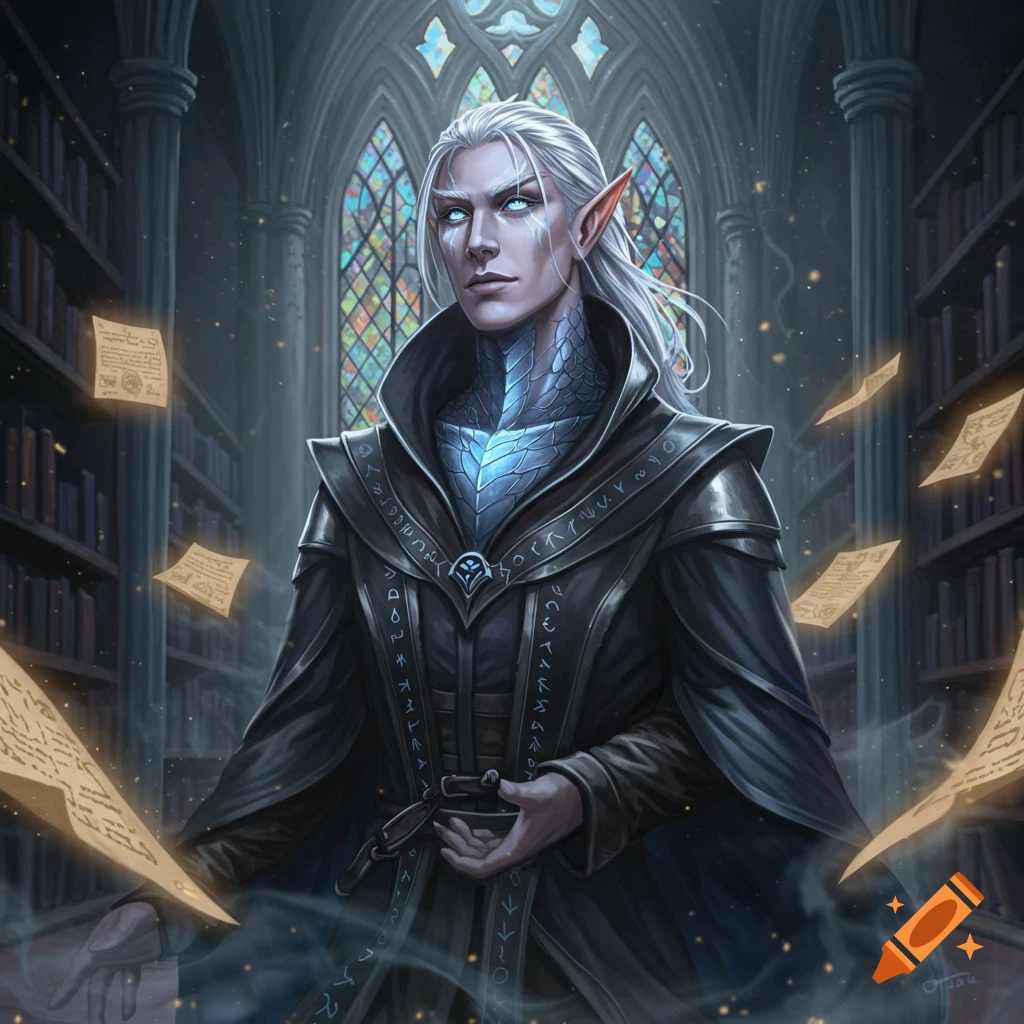 An albino male elf sorcerer with icy blue glowing eyes and scales on his neck, in black robes with runes, in a gothic library with floating magical papers.