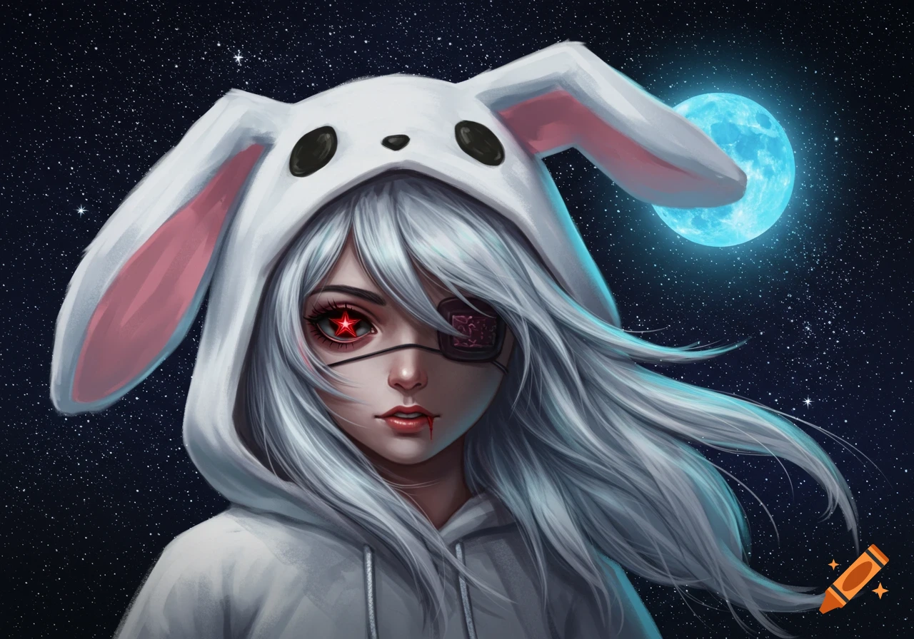 White-haired girl in a bunny hoodie, red star eye, eyepatch, and bloody lip, against a starry night sky and blue moon, digital art.
