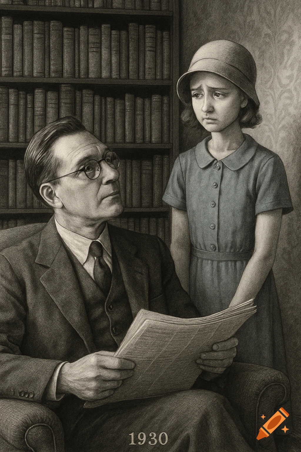 Black-and-white drawing of a man in a book-filled room looking up from his newspaper at an upset girl in a cloche hat. The year 1930 is at the bottom.