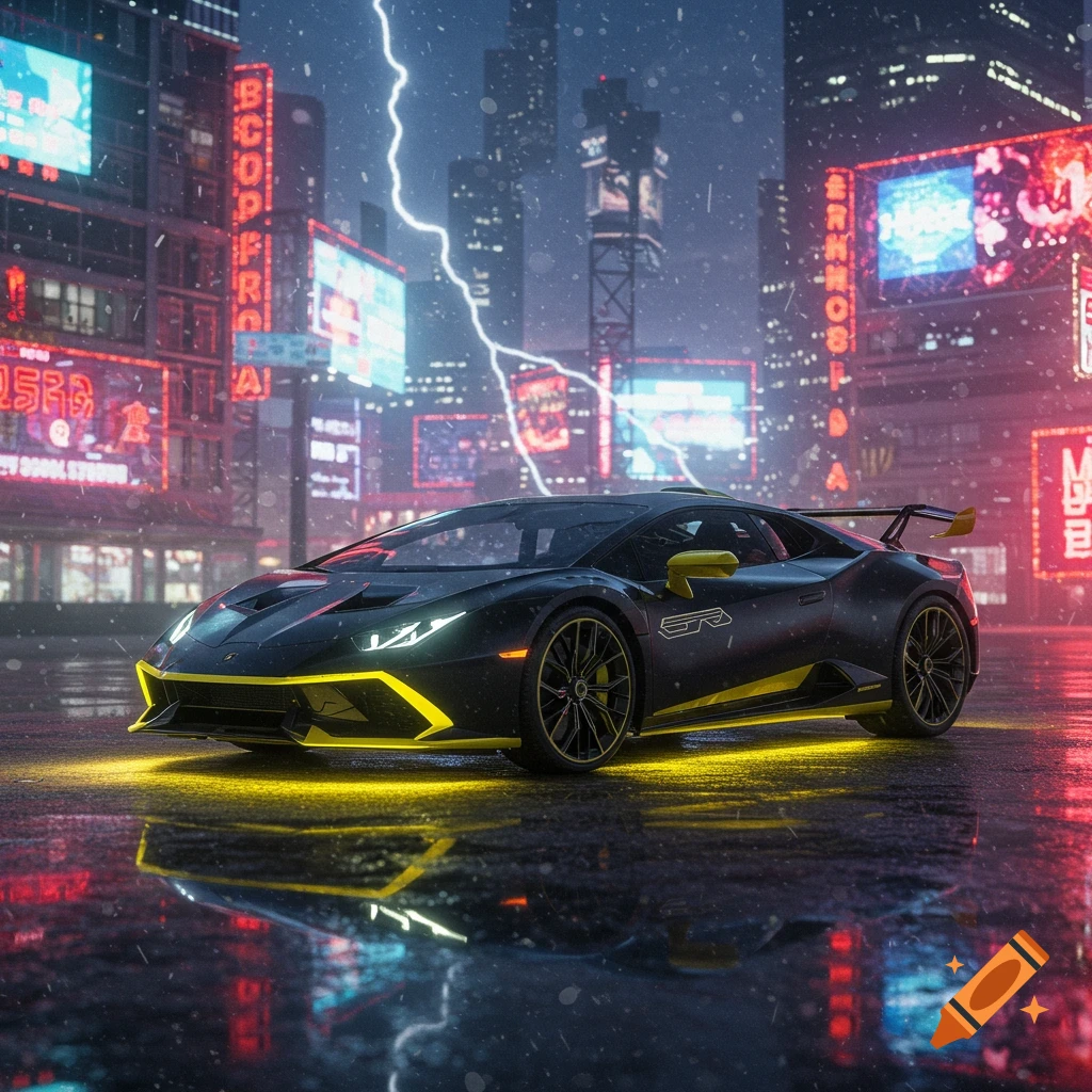 A black and yellow Lamborghini Huracan STO with glowing yellow underglow parked on a wet street in a futuristic cyberpunk city with neon-lit buildings and a lightning storm.
