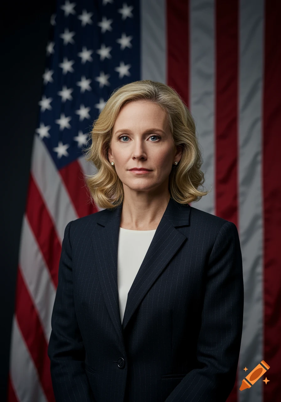 A blonde woman in a navy pinstripe suit and white top poses for a portrait in front of a blurry American flag.