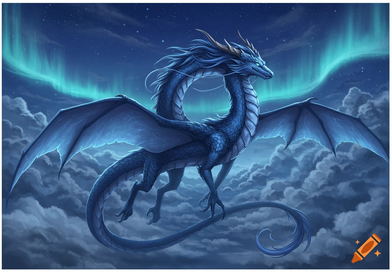 A majestic blue dragon with large wings flies through a starry night sky with a vibrant aurora borealis.