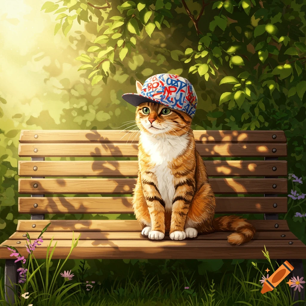 A cartoonish orange and white tabby cat wearing a blue and white baseball hat sits on a wooden park bench in a sunny outdoor setting.
