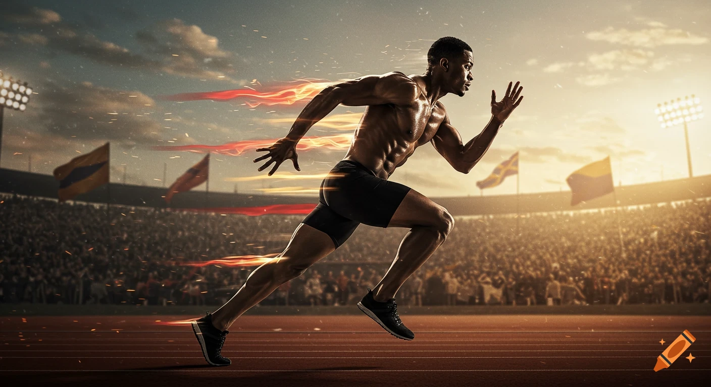 Muscular male runner sprinting on a track in a stadium with fiery motion trails and cheering crowd at sunset.