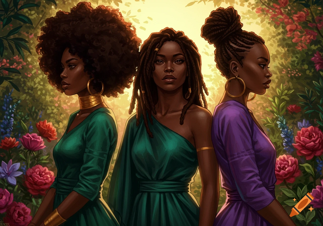 Three Black women with diverse hairstyles in green and purple dresses, standing in a vibrant, sunlit floral garden.