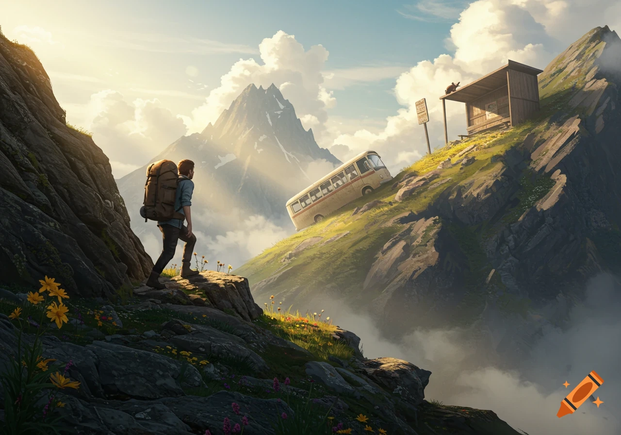 A backpacker climbs a steep mountain path towards a bus and a bus stop, surrounded by dramatic peaks and clouds at sunrise.