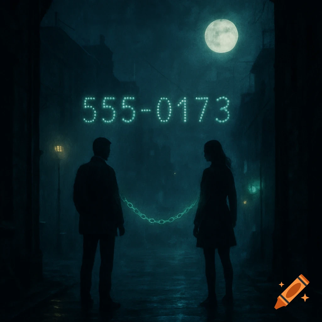 A man and woman's silhouettes in a dark, misty alley, with a glowing '555-0173' sign and green chain, under a full moon.