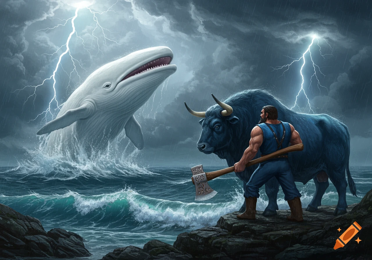 Muscular man with an axe and giant blue ox on rocks face a huge white whale breaching from a stormy sea with lightning, illustrative.