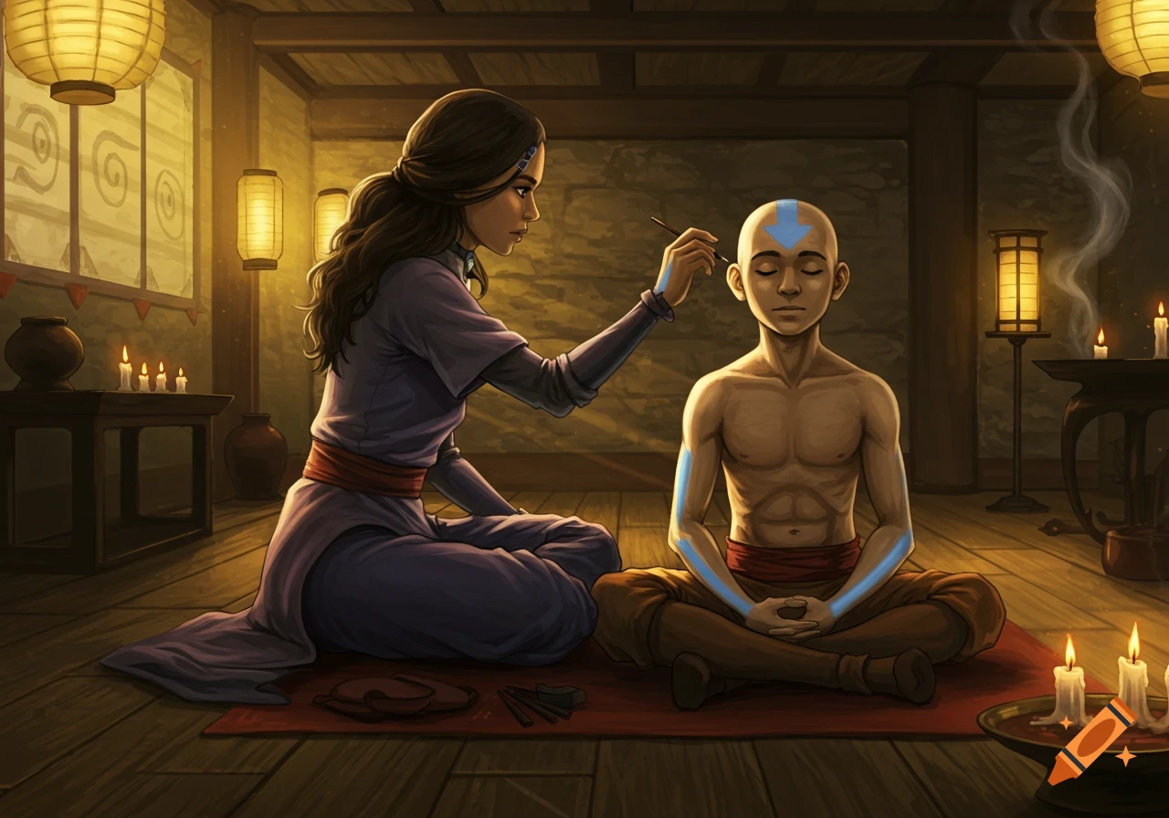 Katara applies the blue airbender arrow to Aang's forehead as he meditates in a warmly lit, candlelit room.