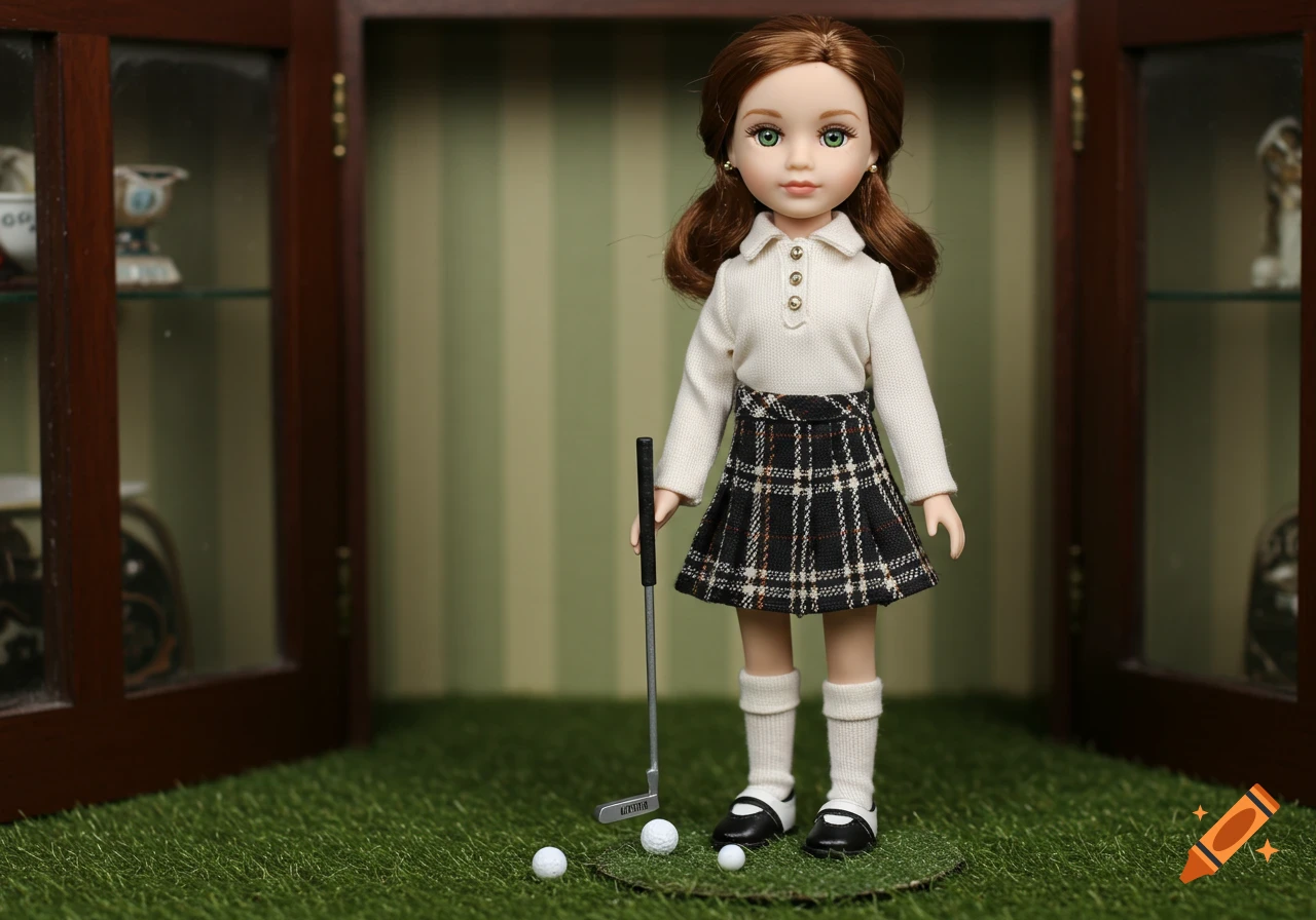 A doll with brown hair and green eyes, wearing a white polo shirt and a plaid golf skirt, stands on artificial grass next to a putter and golf balls.