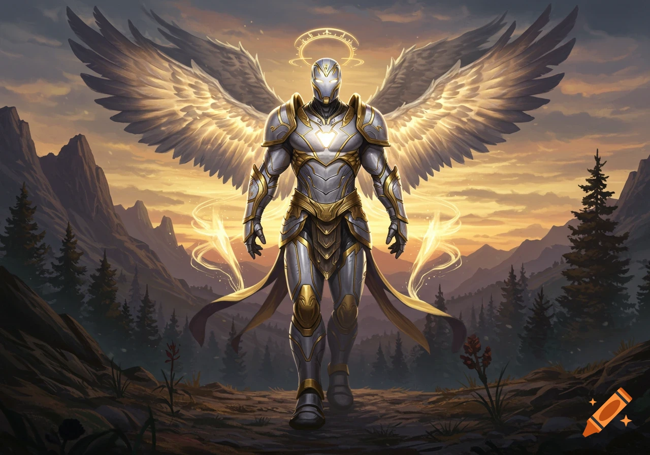 A majestic armored angel with large golden wings and a halo stands in a mountain landscape at sunset, emanating a glowing aura.