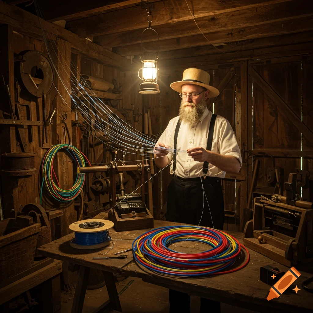 An Amish man with a beard and straw hat works with colorful wires and fiber optics in a rustic wooden workshop under a lantern.