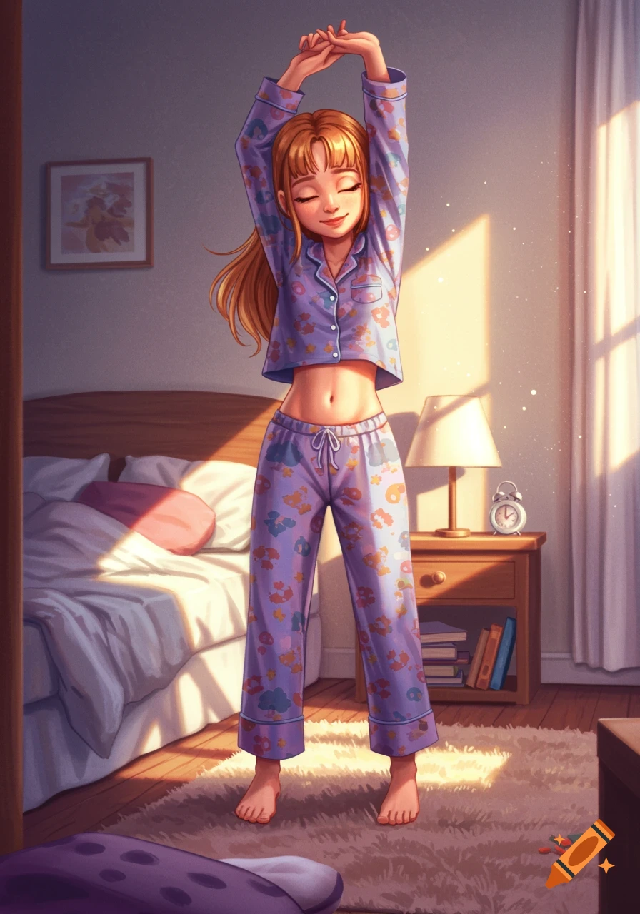 An illustrated anime girl in purple pajamas stretches in a sunny bedroom, smiling with closed eyes, standing on a rug.