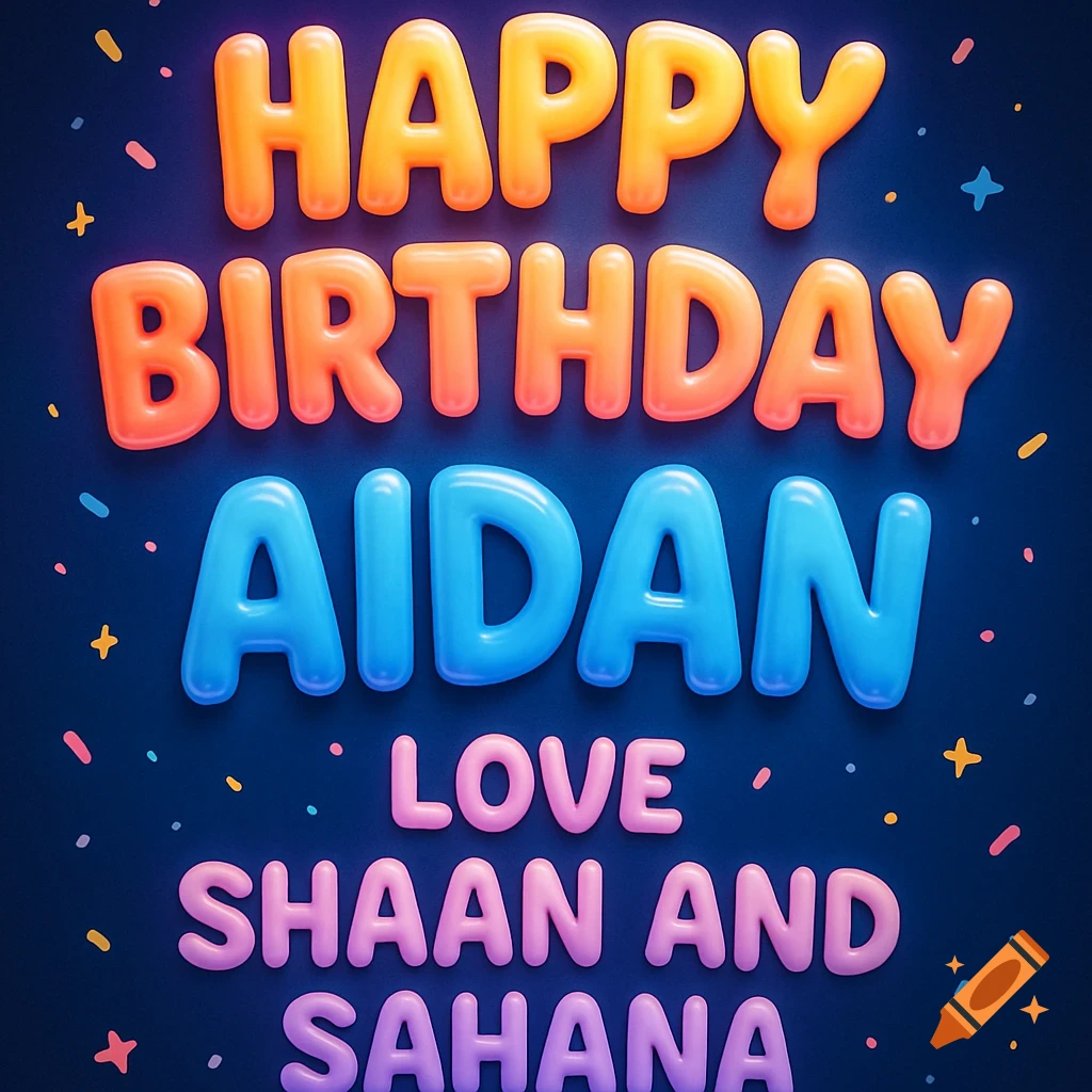 Colorful bubble letters on a dark blue background spell 'Happy Birthday Aidan Love Shan and Sahana' with small confetti.