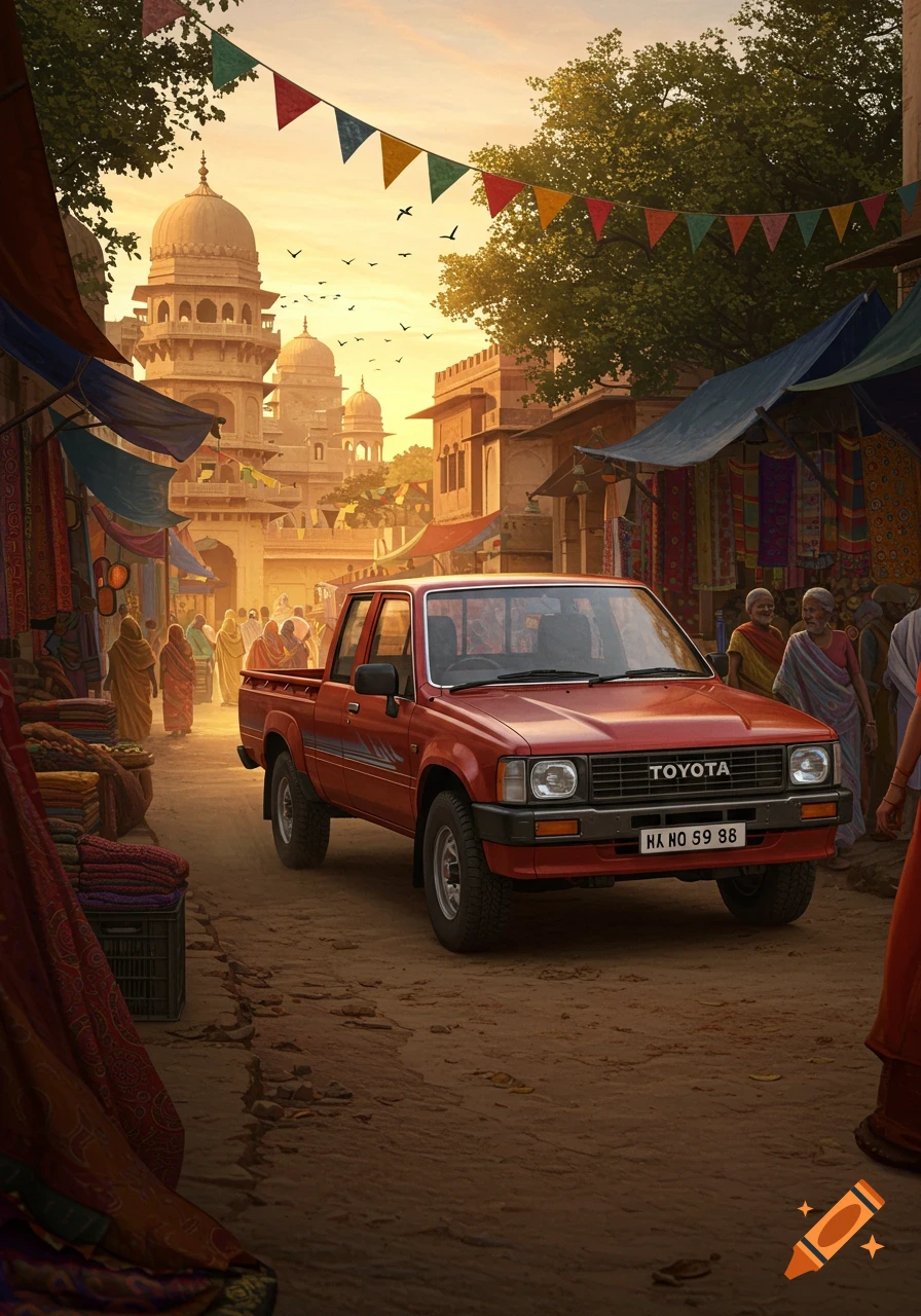 Red 1980s Toyota pickup truck on a dirt road in a bustling Indian street market at sunset with traditional architecture.