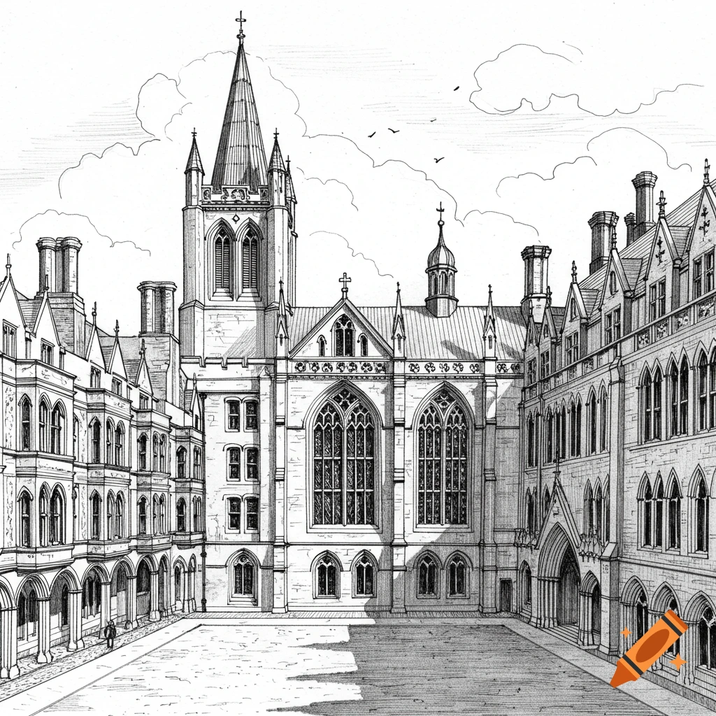 Detailed line drawing of a grand, historic university building with a central spire and courtyard, in a clear architectural style.