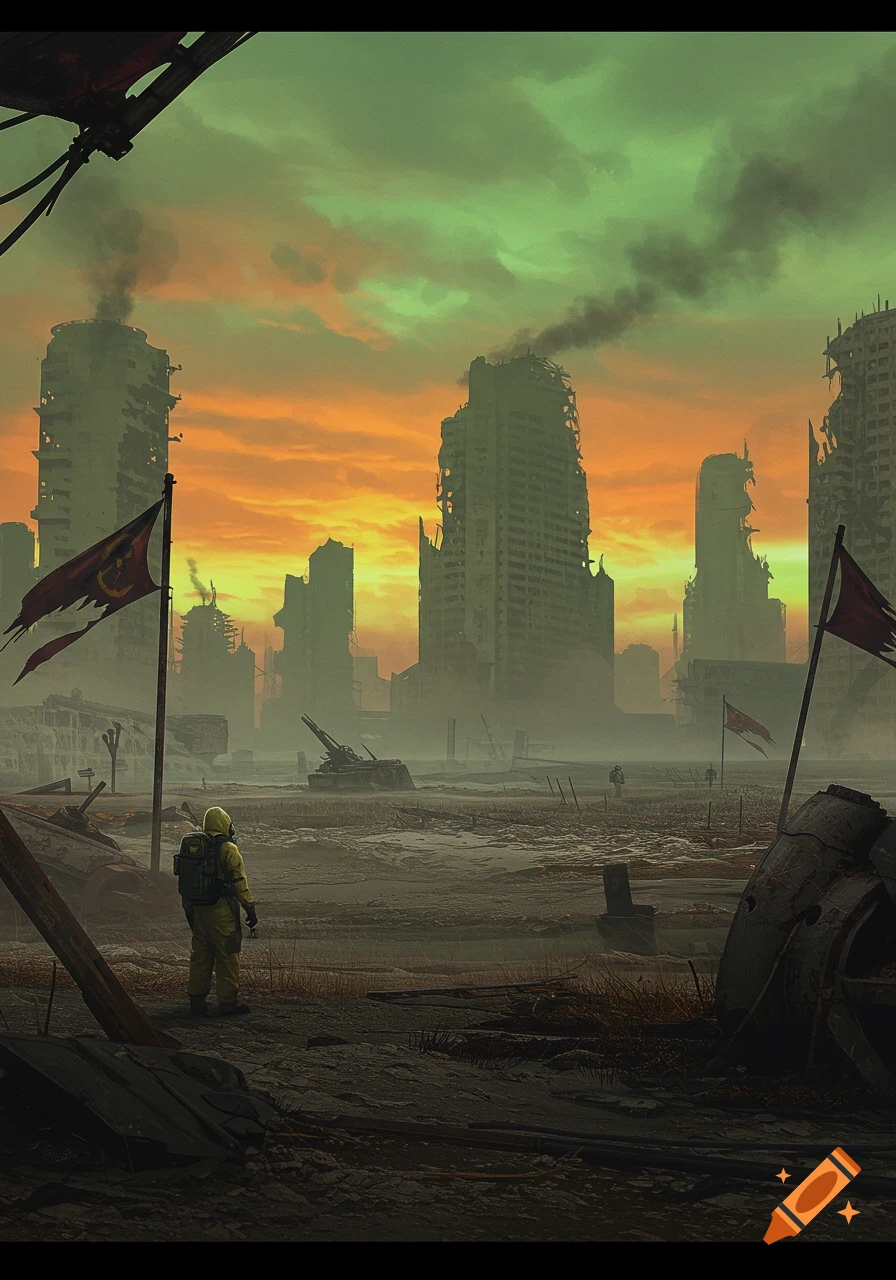 A person in a yellow hazmat suit stands in a ruined city at sunset under an orange-green sky, in a post-apocalyptic digital art style.