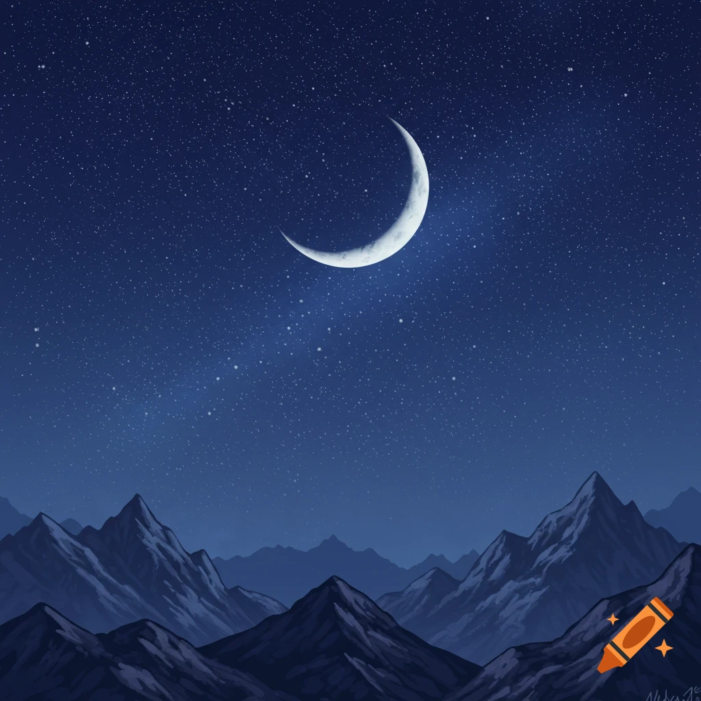 A crescent moon shines brightly in a star-filled dark blue night sky over a range of stylized mountains.