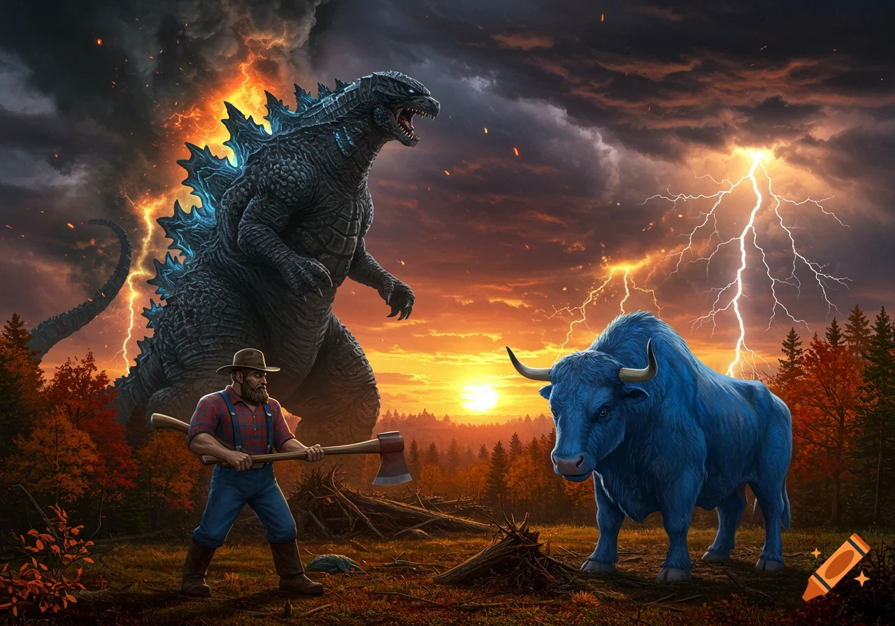 Godzilla roars at Paul Bunyan holding an axe and Babe the Blue Ox in an autumn forest clearing with sunset and lightning.