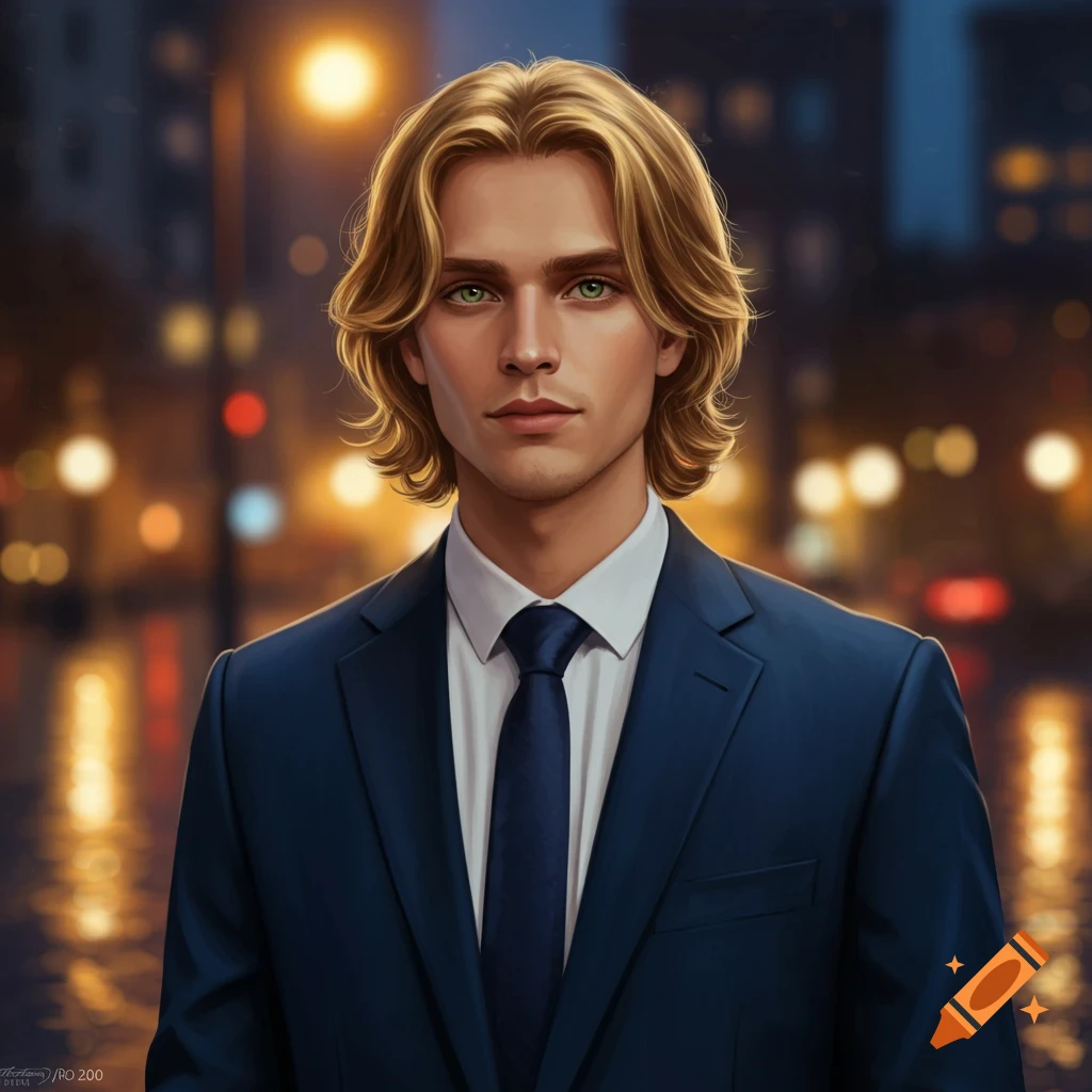 A serious-looking young man with blonde hair and green eyes wears a blue suit, standing in a blurred city at night.