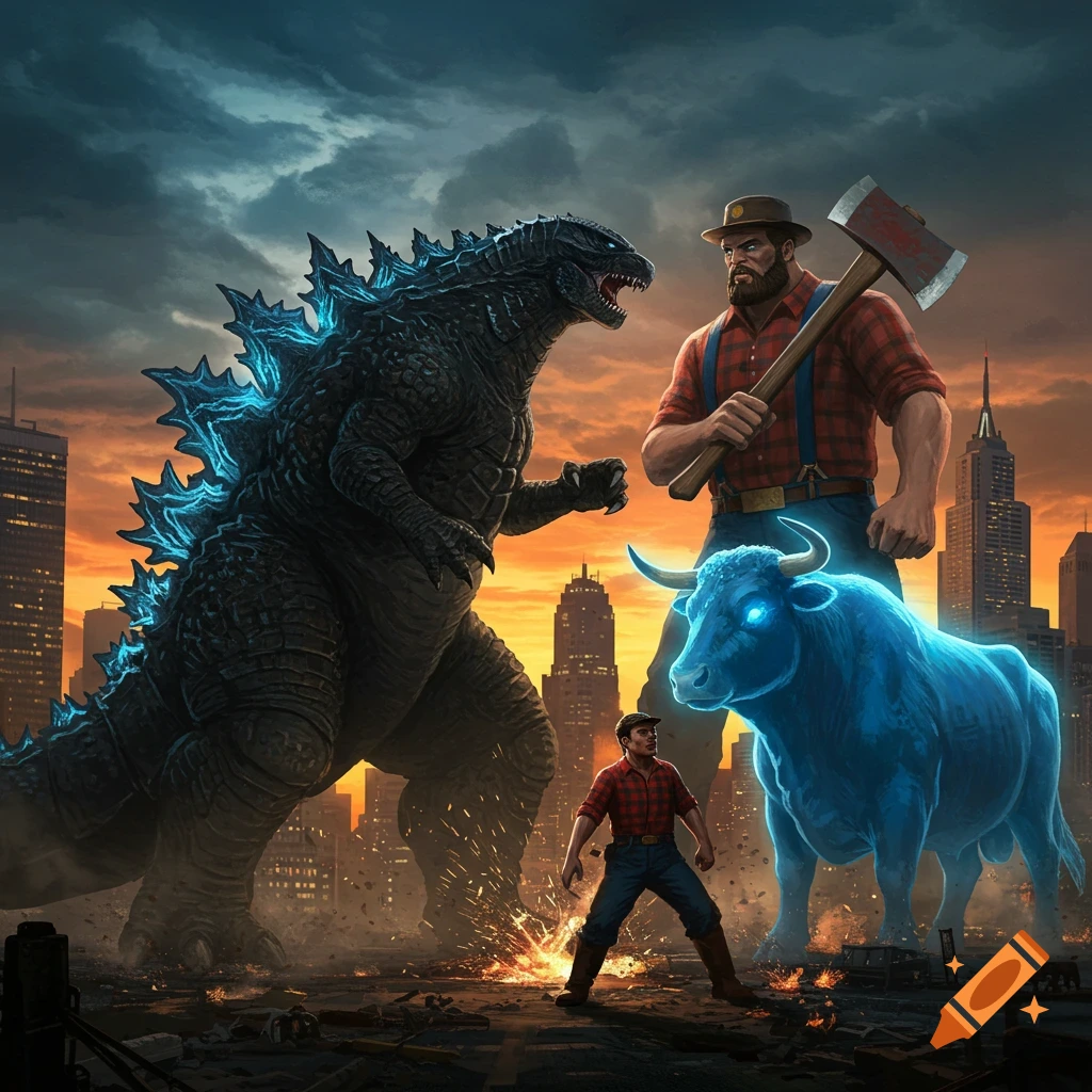 Godzilla, a giant Paul Bunyan, and a glowing blue ox stand in a destroyed city street at sunset, ready for battle.