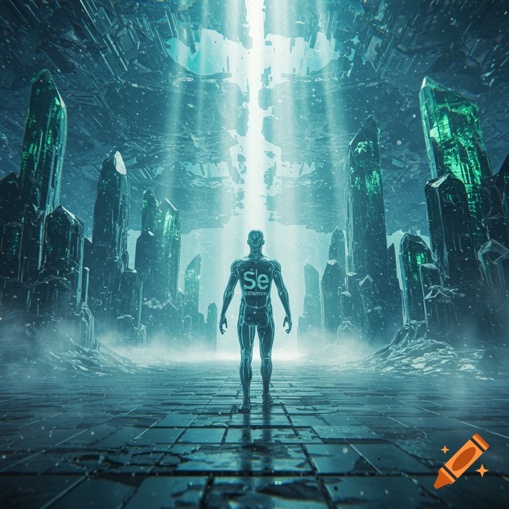 A glowing blue humanoid figure with "Se Selenium" on its chest stands in a futuristic city of green crystals under a bright light beam.