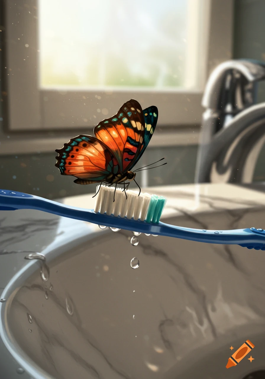 A vibrant orange and blue butterfly rests on a blue toothbrush above a bathroom sink with water droplets, digital art.