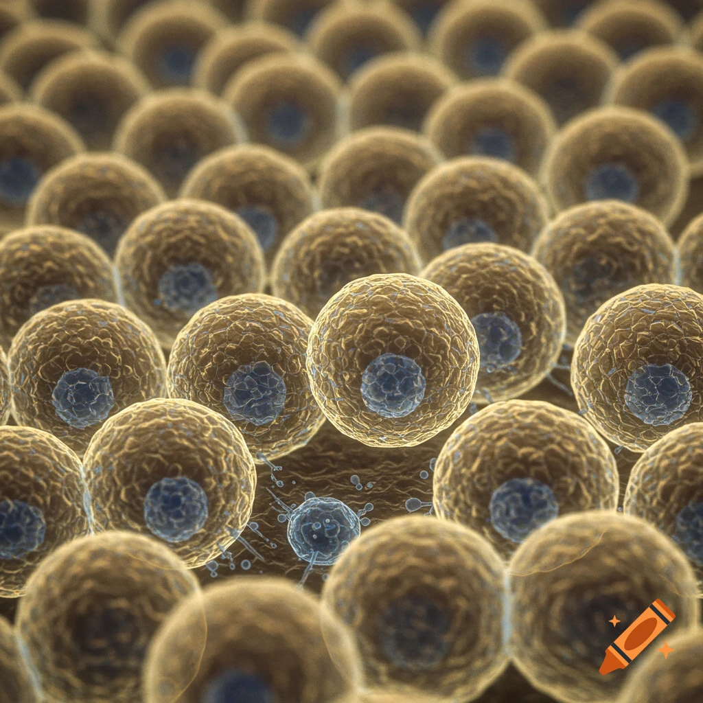 Close-up microscopic view of numerous yellowish-brown epithelial cells, each with a blue nucleus, some interacting with smaller blue entities.