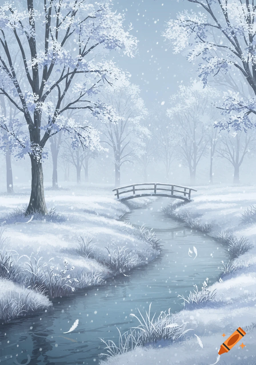 A serene, illustrative winter landscape with snow-covered trees, a stream, and a small wooden bridge under falling snow.