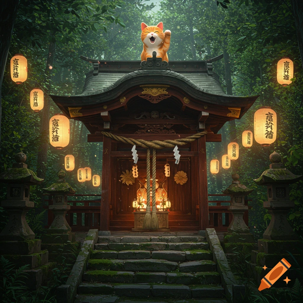 A smiling orange cartoon cat waves from the roof of a traditional Japanese shrine in a mystical forest, surrounded by glowing lanterns.