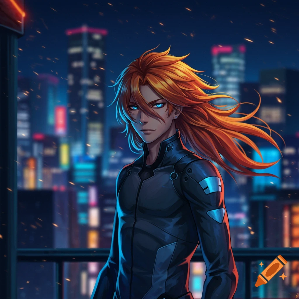 Anime man with long flowing golden-orange hair and glowing blue eyes, wearing a black jacket, overlooking a neon city at night.