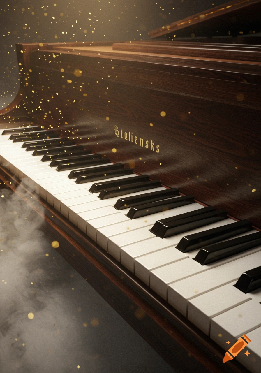Close-up of a dark wooden grand piano's keys, with golden particles shimmering and smoke rising around it.