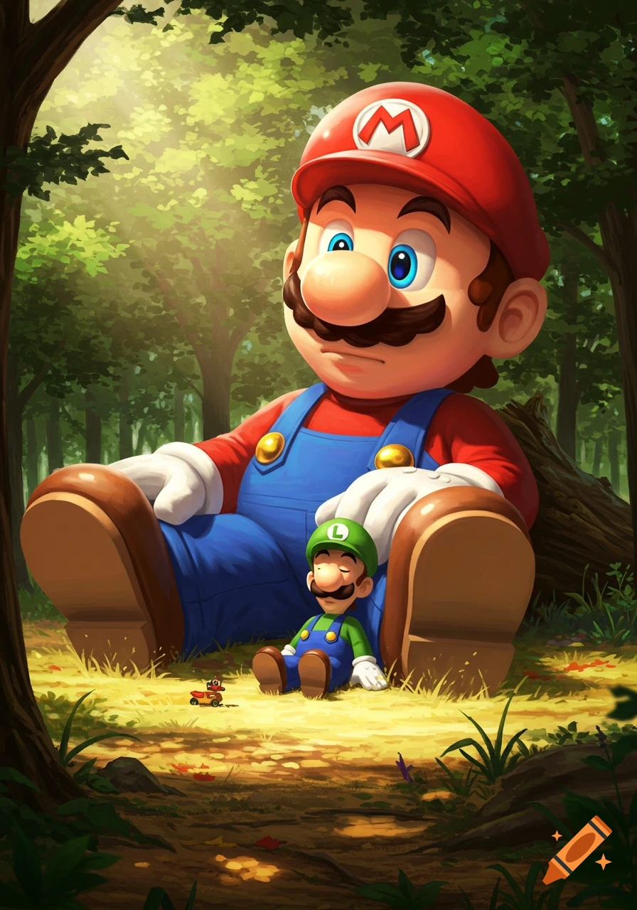Giant Mario sits with a small Luigi in a sunny, detailed forest, with a tiny Mario Kart on the ground.